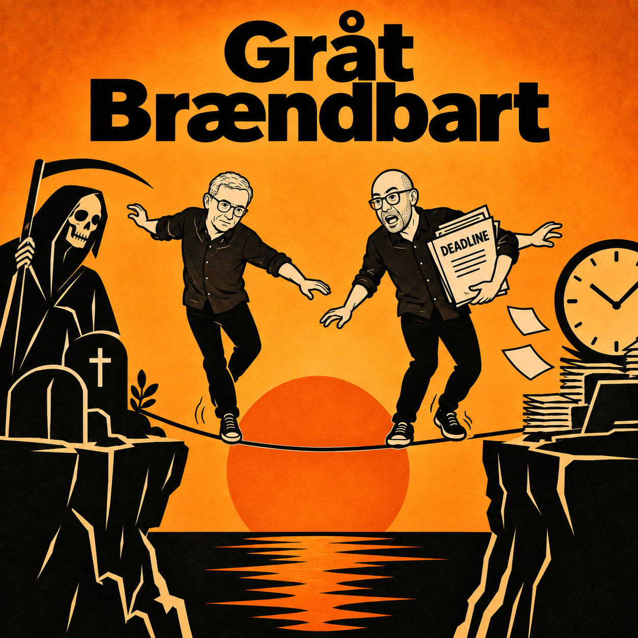 egnet episodegrafik i orange og sort. To mænd balancerer på en line mellem to klipper. Bag den ene står Manden med le ved en gravsten, bag den anden tårner papirbunker, en computer og et ur sig op. Manden til højre klamrer sig til en stak papirer mærket DEADLINE. Øverst står titlen Gråt Brændbart.