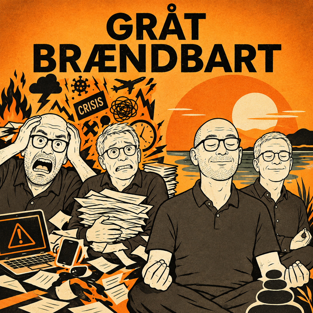 Coveret til Gråt Brændbart. Til venstre går de to værter i panik midt i et virvar af krisesymboler som uvejr, en virus, et fly, flammer og en bærbar med advarselstrekant. Den ene holder sig til hovedet og skriger, den anden klamrer sig til en stak papirer. Til højre sidder de samme to i ro og mediterer med lukkede øjne foran en solnedgang over havet.
